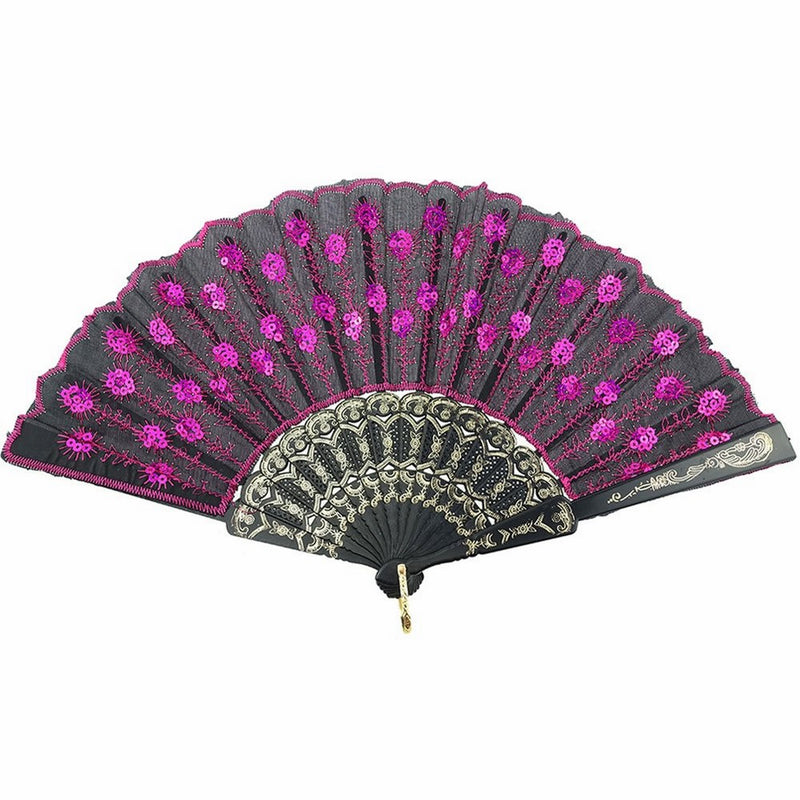 InnoLife Elegant Colorful Embroidered Flower Peacock Pattern Sequin Fabric Folding Handheld Hand Fan Hand-crafted (Magenta)