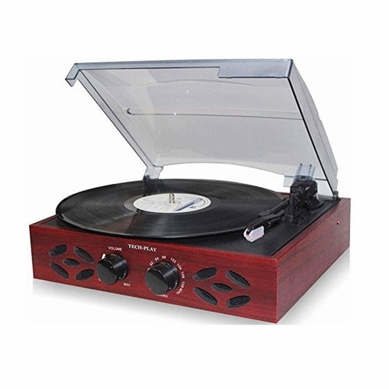 TechPlay ODC15 3 Speed Wooden Retro Classic Turntable with FM Radio, Headphone Jack and Built in Speakers, wood turtable