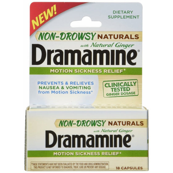 Dramamine Non-Drowsy Naturals with Natural Ginger, 18 Count (Pack of 2)