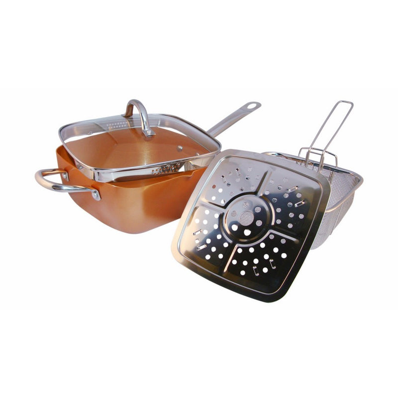 Copper Pan With Pour Spout, 8Piece. Square Pan With Round Handle, Glass Lid, Steamer, Frying Basket, Steamer Stands, Induction Base Non Stick, Dish Washer Safe