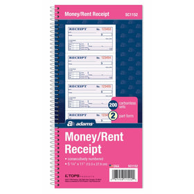 Adams Money and Rent Receipt Book, 2-Part Carbonless, 5 1/4 x 11 Inch Detached, Spiral Bound, 200 Sets per Book (SC1152)