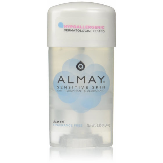 Almay Sensitive skin Clear Gel, Anti-Perspirant & Deodorant, Fragrance Free, 2.25-Ounce Stick (Pack of 6)