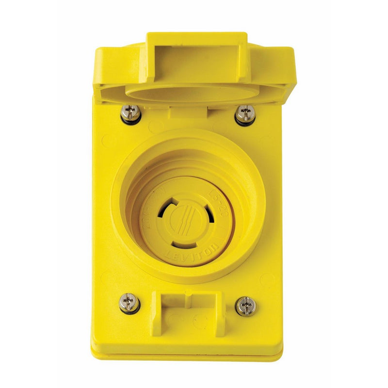Leviton 67W47 20-Amp, 125 Volt, Flush Mounting Locking Receptacle, Industrial Grade, Grounding, Wetguard with Cover, Yellow