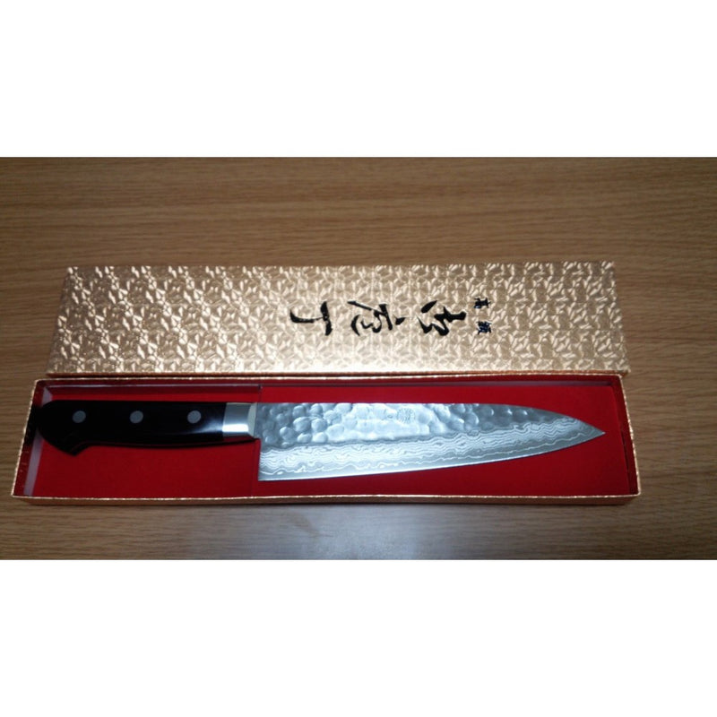 Kikuichi Cutlery Elite Warikomi Damascus Tsuchime Santoku Knife 7-in.