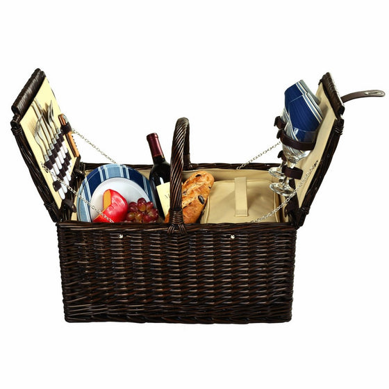 Picnic at Ascot Surrey Willow Picnic Basket with Service for 2 - Blue Stripe