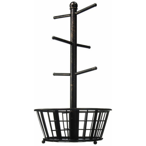 Gourmet Basics by Mikasa 5172783 Band and Stripe Metal 6-Cup Mug Tree with Storage Basket, Antique Black