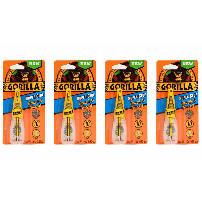 Gorilla Super Glue Brush & Nozzle, 10 g, Clear, (4 Pack)