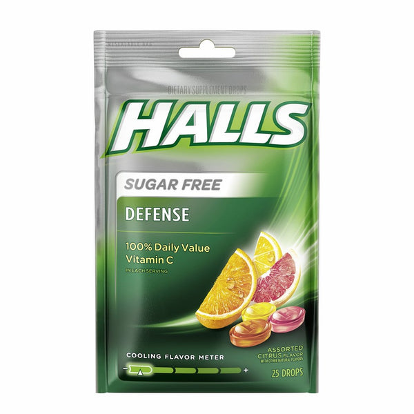 HALLS Defense Sugar Free Vitamin C Supplement Drops (Assorted Citrus, 25 Drops, 12 Pack, 300 Drops Total)