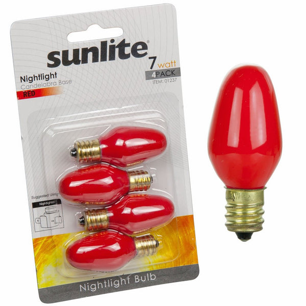 Sunlite 7C7/R/CD4 Incandescent 7-Watt, Candelabra Based, C7 Night Light Colored Bulb, Red, 4 Pack