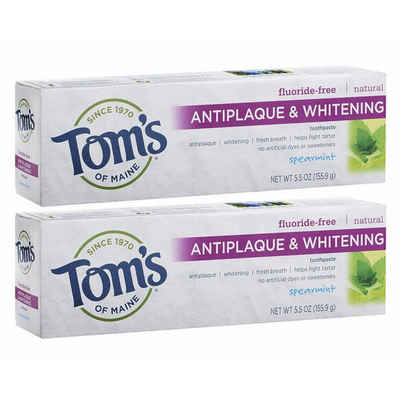 Tom's of Maine Antiplaque and Whitening Fluoride Free Toothpaste, Spearmint, 5.5 Ounce, 2 Count