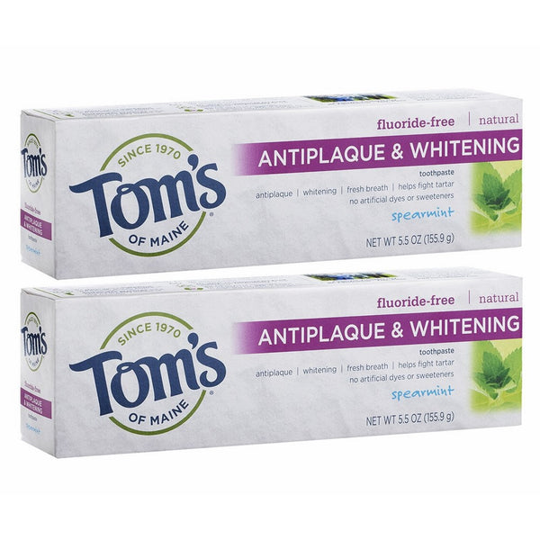 Tom's of Maine Antiplaque and Whitening Fluoride Free Toothpaste, Spearmint, 5.5 Ounce, 2 Count