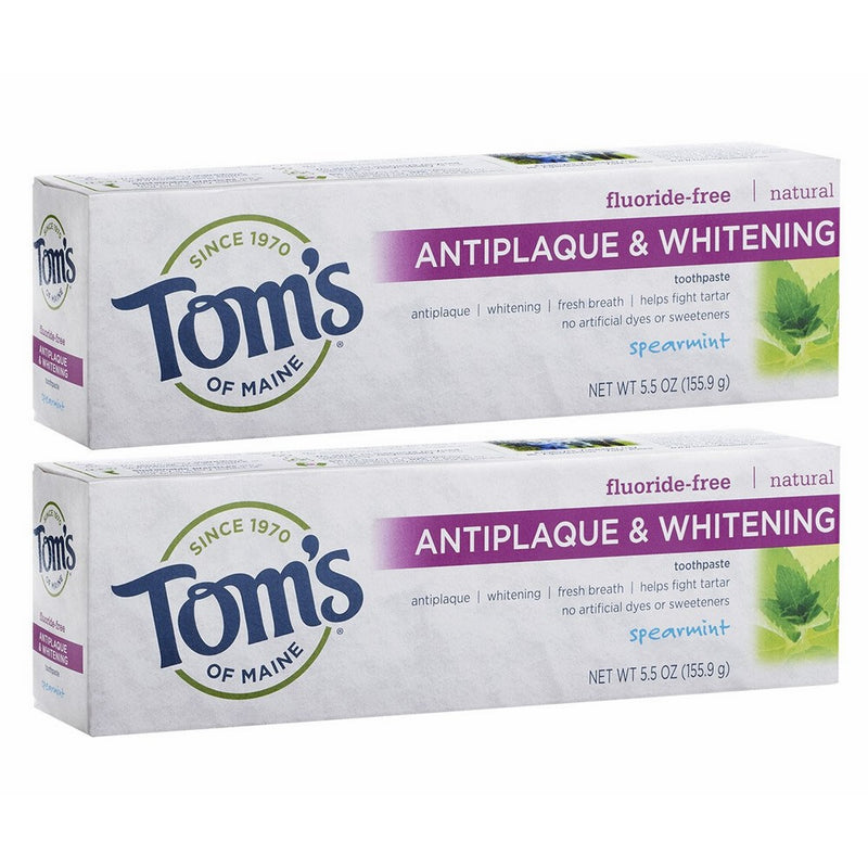 Tom's of Maine Antiplaque and Whitening Fluoride Free Toothpaste, Spearmint, 5.5 Ounce, 2 Count