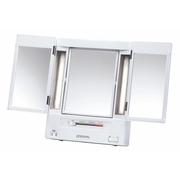 Jerdon Tri-Fold Two-Sided Lighted Makeup Mirror with 5x Magnification, White Finish