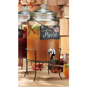 Home Essentials & Beyond Del Sol Glass Beverage Drink Dispenser With Knobbed Lid, Chalkboard On Chain, On Metal Stand and Raised Easy Flow Spigot, 1.5 Gallon for Picnics Parties Bbq