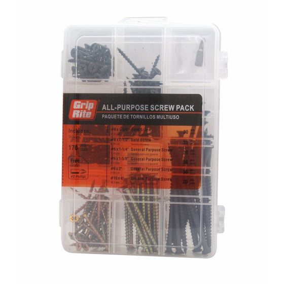 Grip Rite Prime Guard MPCDWS All Purpose Assorted Screw Pack with Free Number-2 Phillips Bit, 170-Piece