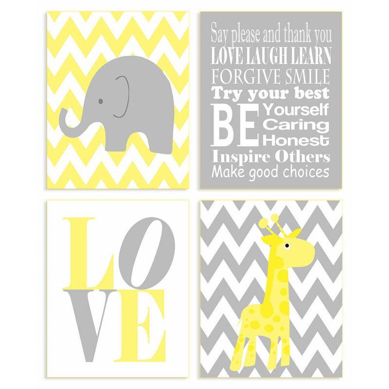 The Kids Room By Stupell Yellow And Grey Chevron Elephant And Giraffe Typography 4-Pc. Rectangle Wall Plaque Set, Proudly Made in USA