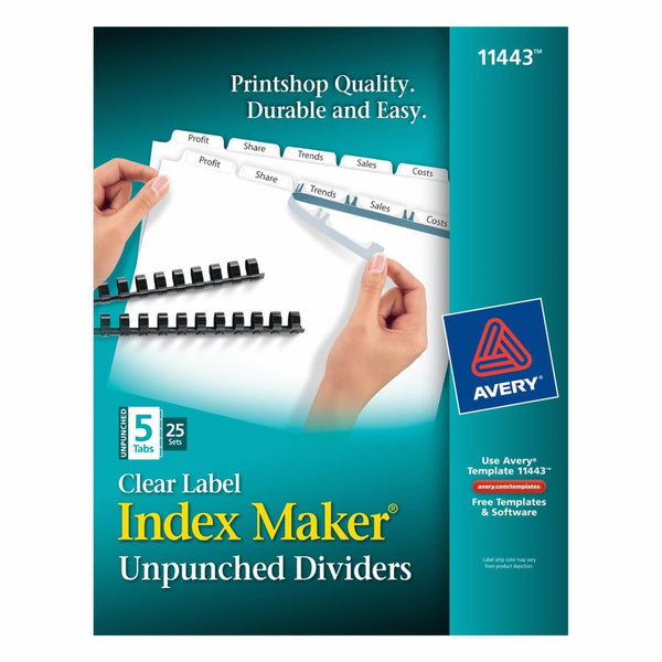 Avery 11443 Print & Apply Clear Label Unpunched Dividers, 5-Tab, Letter (Box of 25 Sets)