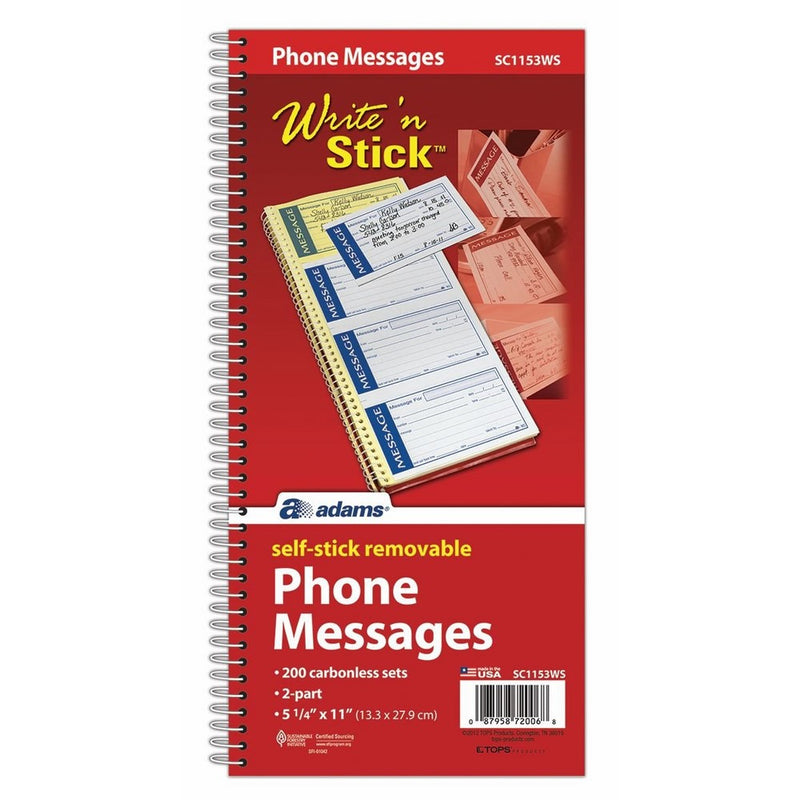 TOPS Adams Write 'N Stick Spiral Message Pad, 200 Carbonless Duplicate Sets Per Pad, 5.25 x 11 Inches, White/Yellow (SC1153WS)