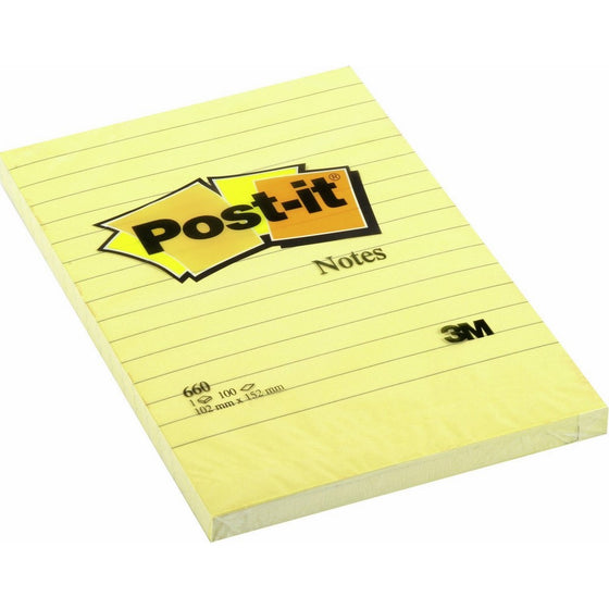 Post-it Notes, 4 in x 6 in, canary yellow, Lined, 12 Pads/Pack (660)