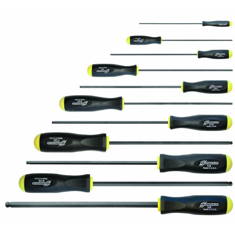 Bondhus 10737 Set of 11 Balldriver Screwdrivers, ProGuard Finish, Long Length, sizes 5/64-3/8-Inch