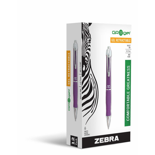 Zebra GR8 Retractable Gel Pen, Medium Point, 0.7mm, Violet Barrel, Acid-Free Violet Ink, 12-Count