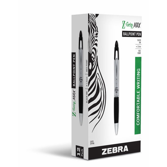 Zebra Z-Grip MAX Retractable Ballpoint Pen, Medium Point, 1.0 mm, Silver Barrel, Black Ink, 12-Count (22410)