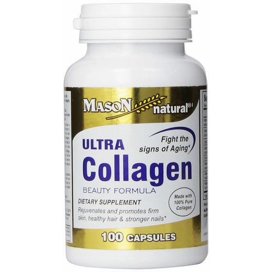 Mason Natural, Ultra Collagen Beauty Formula Capsules, 100-Count Bottle, Dietary Supplement Made with 100% Pure Collagen Supports Healthy, Flexible and Strong Skin and Tissue