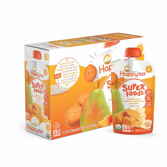 Happy Tot Organic Stage 4 Super Foods, Pears, Bananas, Sweet Potatoes & Pumpkin Super Chia, 4.22 Ounce (Pack of 16)