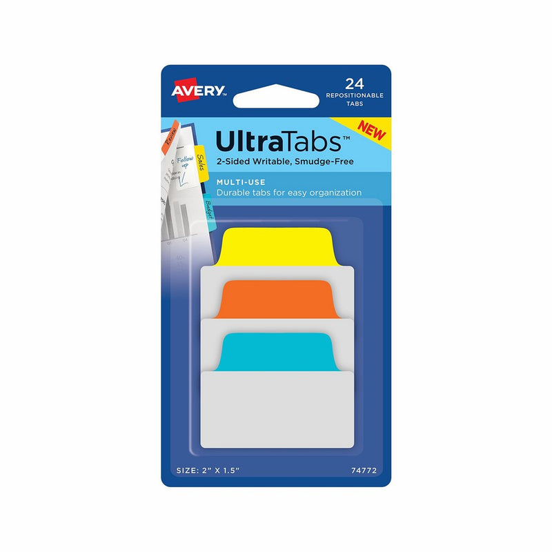 Avery Multiuse Ultra Tabs, 2" x 1.5", 2-Side Writable, Blue/Orange/Yellow, 24 Repositionable Tabs (74772)