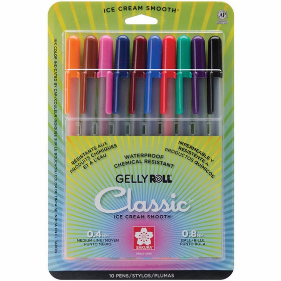 Sakura 37460 10-Piece Gelly Roll Blister Card Assorted Color Medium Point Gel Ink Pen Set