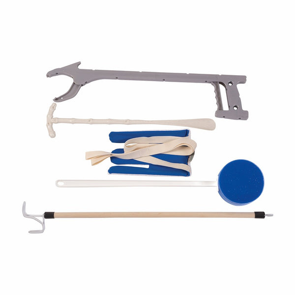 DMI Reach Assist Dressing Aid Kit with Sock Aid, Dressing Stick, Reacher, Long-Handled Bath Sponge and Shoe Horn, Blue and White