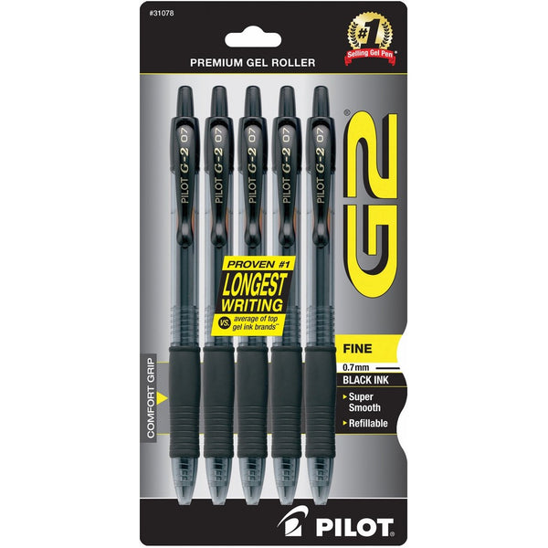 Pilot G2 Retractable Premium Gel Ink Roller Ball Pens, Fine Point, 5-Pack, Black Ink (31078)