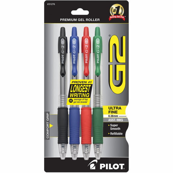 Pilot G2 Retractable Premium Gel Ink Roller Ball Pens, Ultra Fine Point, 4-Pack, Assorted Colors, Black/Blue/Red/Green Inks (31276)