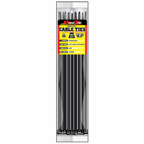 Pro Tie B18HD50 18-Inch Heavy Duty Standard Cable Tie, UV Black Nylon, 50-Pack