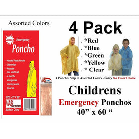 4 VAS Childrens 40" X 60" Emergency Child / Kid Rain Poncho - Assorted Colors