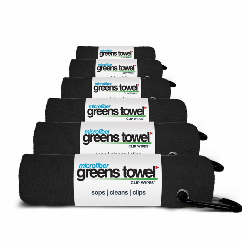 Greens Towel 6 Pack, Jet Black, Microfiber, 16" X 16" with Carabiner Clip. The Convenient Golf Towel