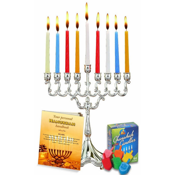 Complete Hanukkah Menorah Set - Menorah - Candles - Dreidels - Hanukkah Handbook