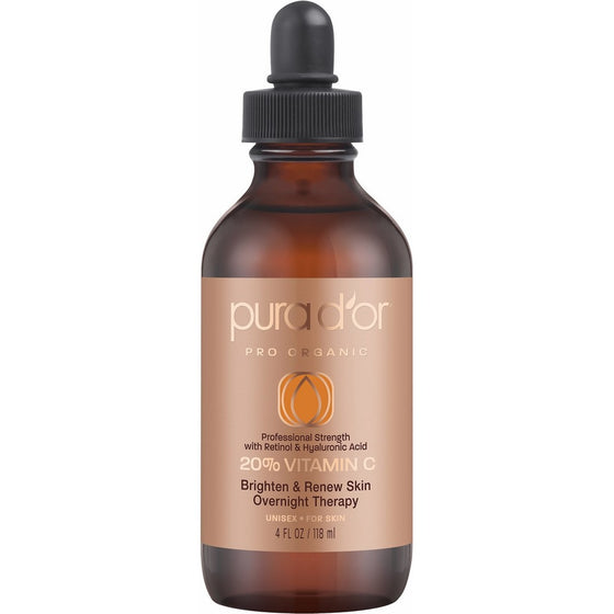 PURA D'OR 20% Vitamin C Serum Professional Strength Anti-Aging Skin Therapy Organic Argan Oil, Hyaluronic Acid & Vitamin E, 4 Fluid Ounce