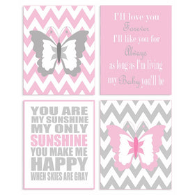 The Kids Room By Stupell Pink And Grey Chevron Butterfly Typography 4-Pc Rectangle Wall Plaque Set, Proudly Made in USA