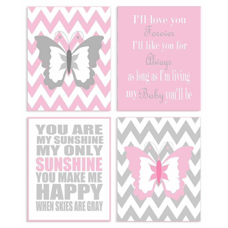 The Kids Room By Stupell Pink And Grey Chevron Butterfly Typography 4-Pc Rectangle Wall Plaque Set, Proudly Made in USA