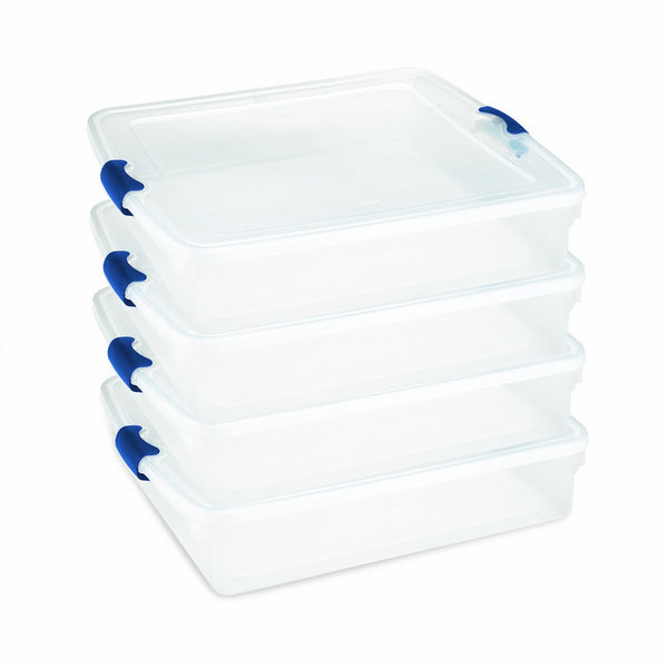 Homz Plastic Storage Underbed Tote Box, Full/Queen, With Lid, Latching Handles, 56 Quart, Clear, Stackable, 4-Pack