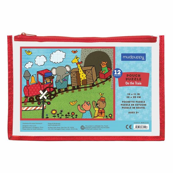 Mudpuppy On the Train Pouch Puzzle for Ages 2 to 4 – 12-Piece Puzzle Shows Animals on the Train Illustrations, 11” x 14”