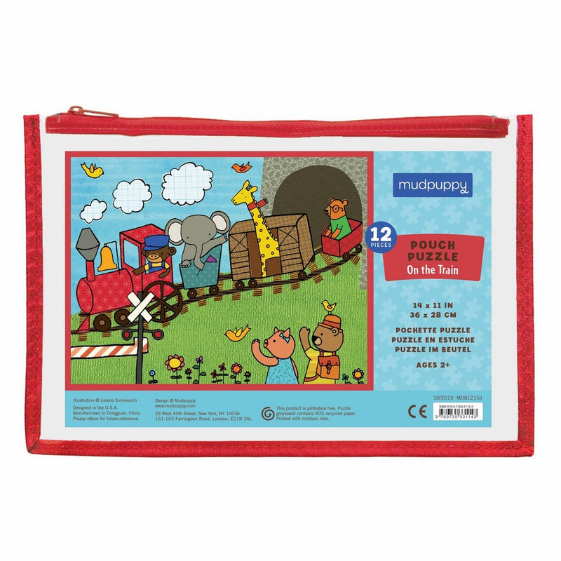 Mudpuppy On the Train Pouch Puzzle for Ages 2 to 4 – 12-Piece Puzzle Shows Animals on the Train Illustrations, 11” x 14”