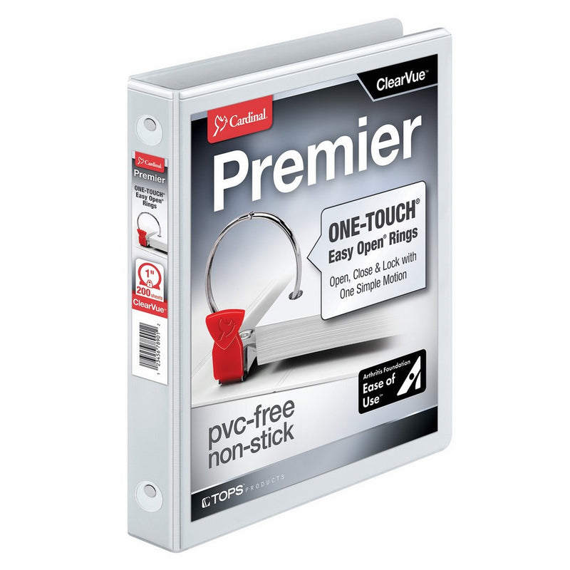 Cardinal Premier Easy Open 3-Ring Binder, 1", ONE-TOUCH Easy Open Locking Round Rings, 200-Sheet Capacity, ClearVue Cover, PVC-Free, White (11100)