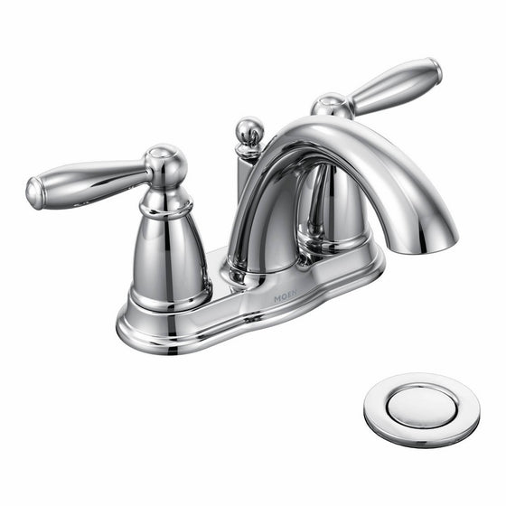 Moen Brantford Two-Handle Low-Arc Centerset Bathroom Faucet with Drain Assembly, Chrome (6610)