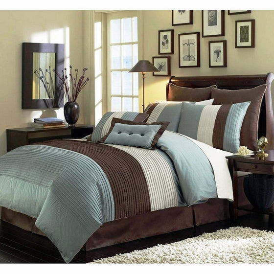 Chezmoi Collection 8-Piece Luxury Stripe Comforter Bed-in-a-Bag Set, Full Size, Beige, Blue and Brown