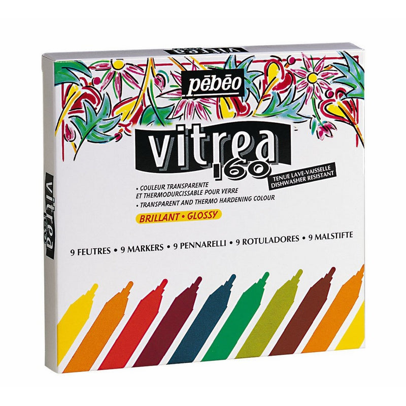 Pebeo Vitrea 160, Assorted Glossy Glass Paint Markers, 9-Pack