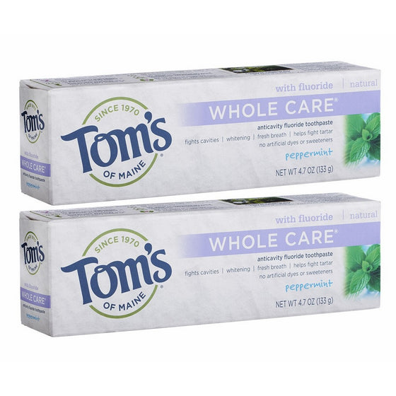 Tom's of Maine Whole Care with Fluoride Natural Toothpaste, Peppermint 4.7 oz (Pack of 2)