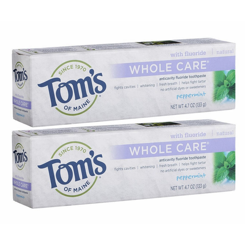 Tom's of Maine Whole Care with Fluoride Natural Toothpaste, Peppermint 4.7 oz (Pack of 2)