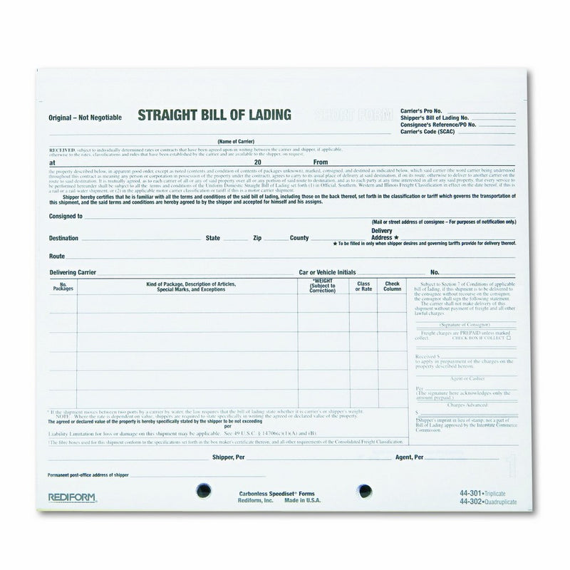 REDIFORM Bill of Lading, Snap-A-Way, Ruled, 3-Part, Carbonless, 8.5 x 7", 250 Individual Forms (44301)